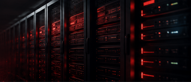 Corredor de datacenter com racks de servidores iluminados em vermelho